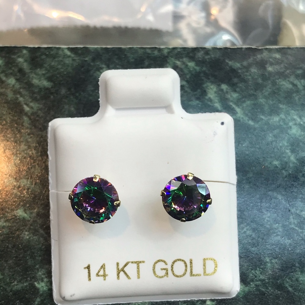 14k gold 7mm round shaped Mystic Topaz earrings
